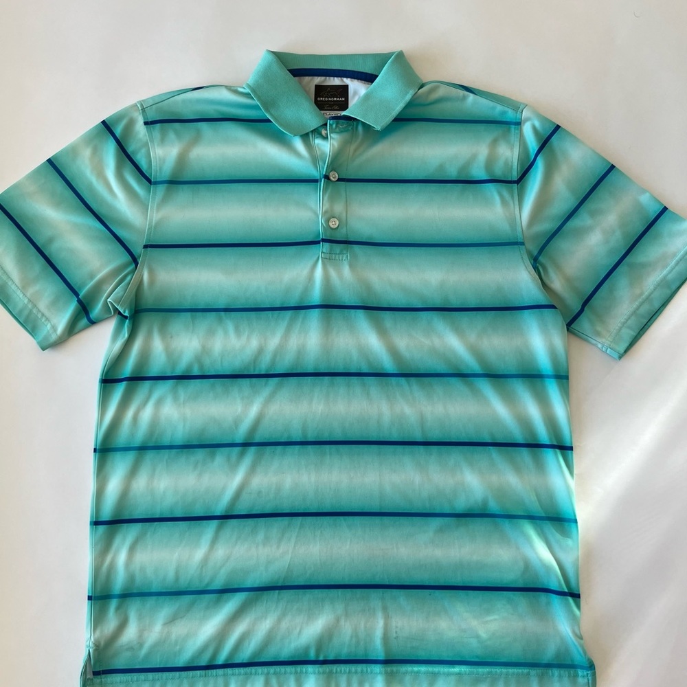 Greg Norman polo turquoise with blue strips small